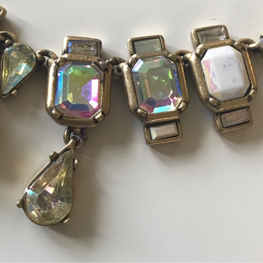 J CREW Signed Iridescent AB Rhinestone Gold Tone Layered Bib Statement Necklace - Picture 4 of 6